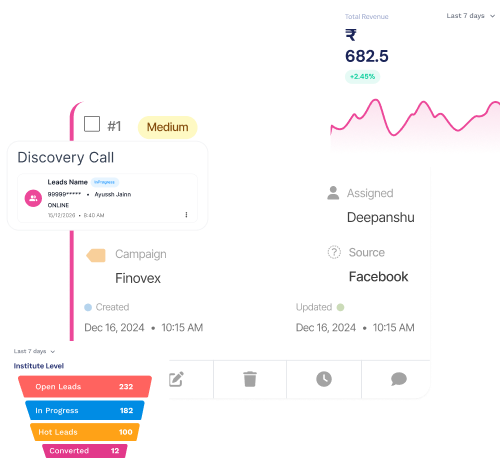 CRM dashboard with lead tracking, sales pipeline, revenue analytics, and 
campaign management.